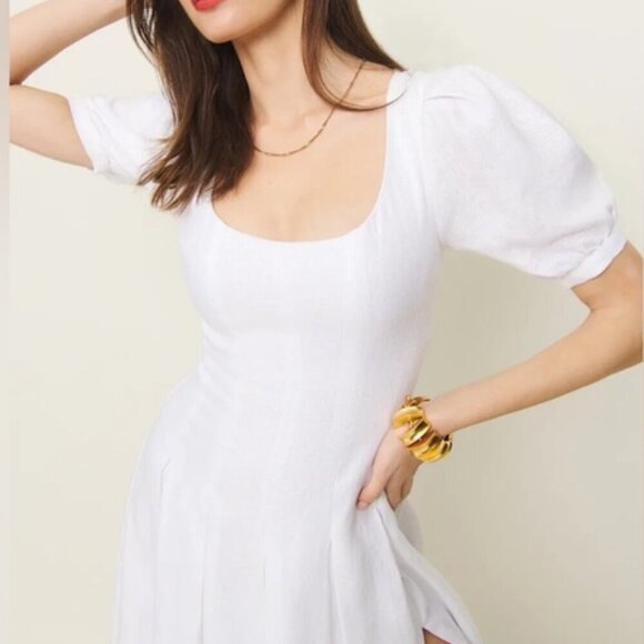 NEW Reformation Coucou Midi Linen Dress Puff Sleeves White | size 4 - Picture 3 of 12